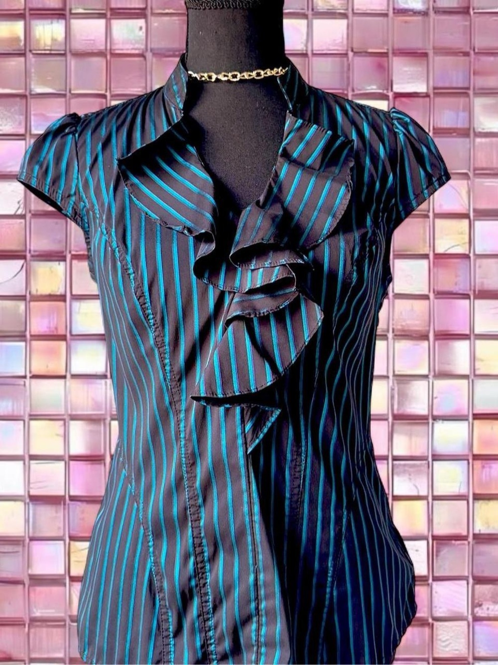 Vintage Express Blue Striped Ruffle Blouse – Size S